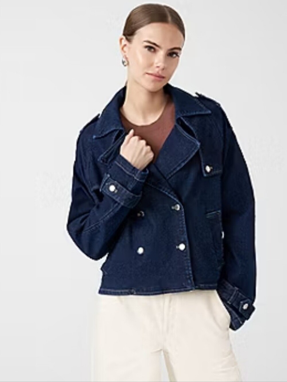 NEW RM Rebecca Minkoff Double Breasted Cropped Denim Trench Jacket Sz LG